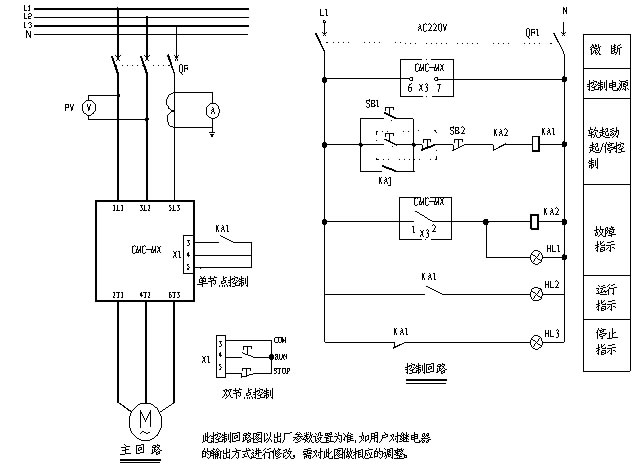 CMC-MX內置旁路軟起動(dòng)器基本接線(xiàn)原理圖、三角形內接連接圖和典型應用接線(xiàn)圖(圖3)